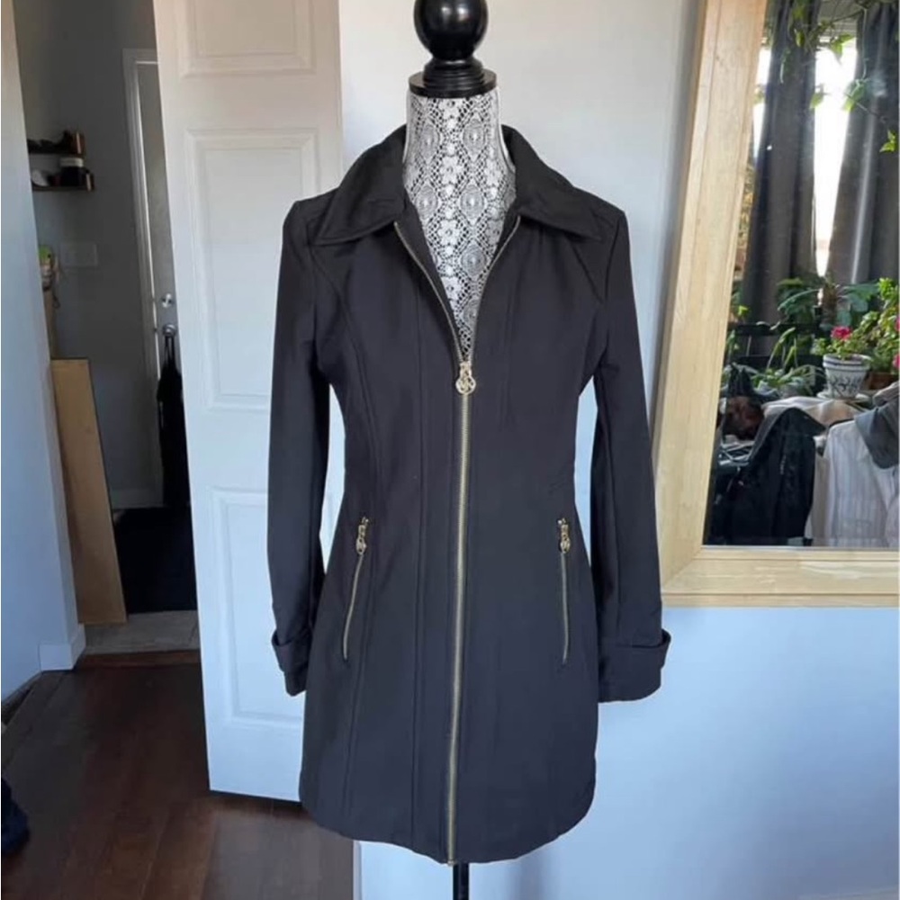 Michael Kors Black Trench Rain Coat Jacket with Gold Accents. XS